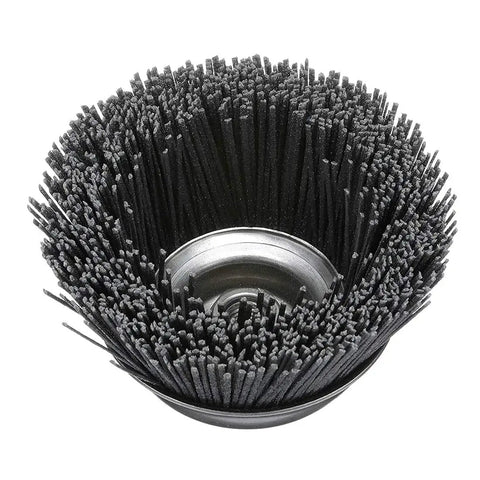 Abrasive Cup Brush Silicon Carbide 7000 Max RPM 6 Inch with heavy-duty bristles for engine blocks and machining projects.