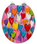 Generic Round Resin Toilet Seat for Bathroom, colorful heart design, 16.5 inches length, 14.5 inches width.