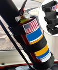 Badass Trail Tough Heavy Duty Black Nylon Fire Extinguisher Roll Bar Mount With Ultra Universal Hook Fastening Straps For Jeep Wrangler Off Road Rig Build, showing secured extinguisher.