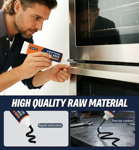 Man applying Heavy-Duty High Temperature Silicone Sealant For Ovens And Appliances, Boss Level Heat Resistant Glue to oven door