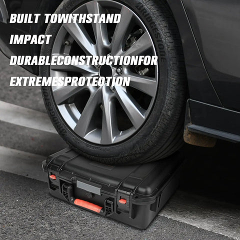Waterproof Tough As Nails Hard Case With Custom Foam for Mavic 3 Pro Series Drones under car tire showcasing durability