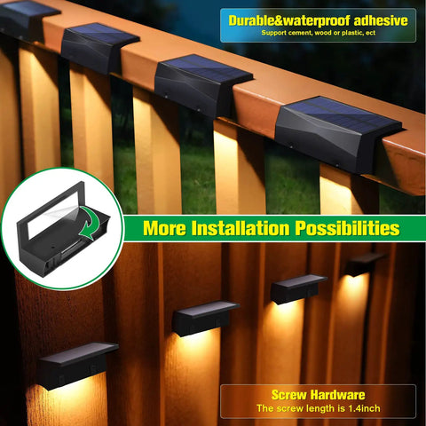Outdoor Solar Deck Lights Set Of 6 Dope 7 Color RGB Waterproof Step Lights on railing with adhesive installation guide