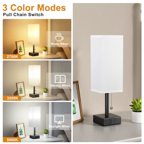 Nightstand Lamp With 3 Color Temperatures 2700K 3500K 5000K, USB C And USB A Ports, Pull Chain Control, Includes LED Bulb, Compact Bedside Lamp