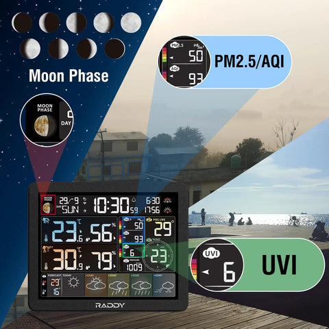 Smart Wi Fi Weather Station With App Control And 8 Inch Display showing moon phase, PM2.5 AQI, UV index, and clock.