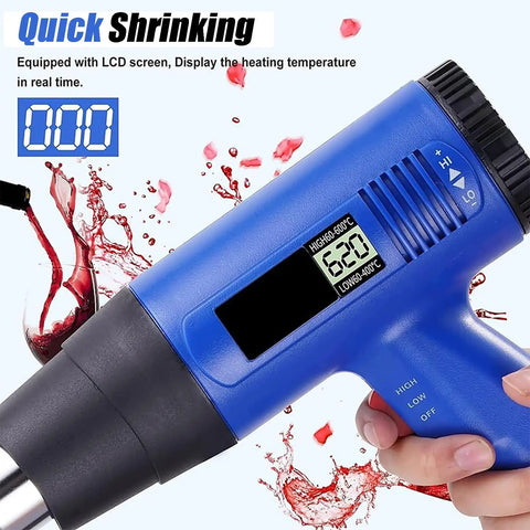 GFJYKDL Digital Bottle Heat Shrink Sealing Machine With Adjustable 40-600C Temp And LCD Control displayed with temperature readout.