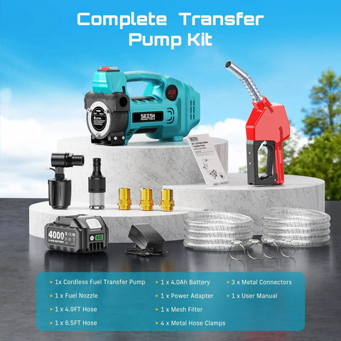 Diesel Transfer Pump Kit Cordless 12 GPM Battery Powered With Auto Stop Nozzle 4Ah Battery Two Hoses And Filter On The Go Fueling For Diesel Kerosene Farm Boat Home, complete set with pump, nozzle, battery, hoses, and filter