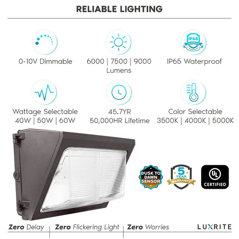 Beefed-Up Outdoor Wall Pack Light With Photocell Sensor, 40W/50W/60W Switch, Up To 9000 Lumens, Three Color Temp Options, UL Listed