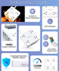 12 In 1 Power Strip Surge Protector With USB Ports And Eight Widely Spaced Outlets 1440 Joules 6 Foot Extension Cord
