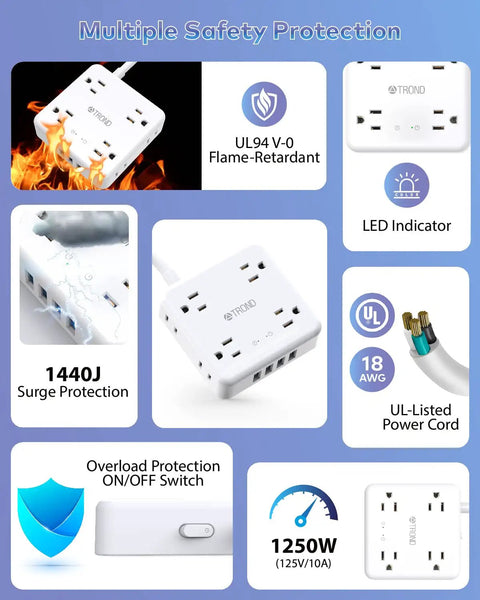 12 In 1 Power Strip Surge Protector With USB Ports And Eight Widely Spaced Outlets 1440 Joules 6 Foot Extension Cord