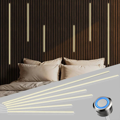 Easy-Install Self-Adhesive Dimmable LED Light Strips Kit For Slat Wall Panels And Wood Walls 6-Piece Set installed on headboard
