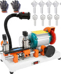 Key Cutting Machine Duplicator For Precise Manual Key Copying with keys and gloves, accurate dual axis guide for locks.