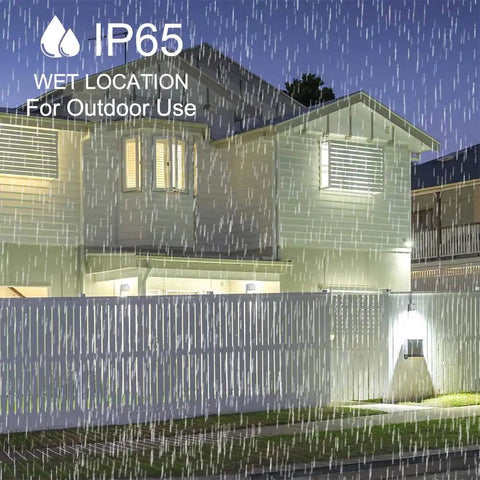 LED Wall Pack With Photocell Dusk To Dawn Outdoor Porch Light 18W 2160 Lumens illuminating in rain, IP65 protection shown