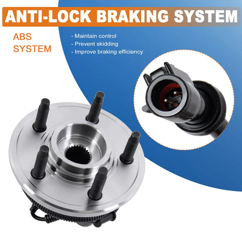 Pair Drop-In Front Wheel Hub Bearing Assembly With ABS Sensor For 2002-2005 Ford Explorer, 2003-2005 Lincoln Aviator, And 2002-2005 Mercury Mountaineer, 5 Lug, Direct-Fit Replacement shown with anti-lock braking feature.