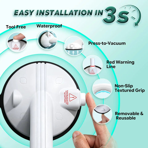 Upgraded Suction Shower Grab Bars For Seniors Monster Grip Stability Visual Safety Indicator showing easy installation features and safety details.
