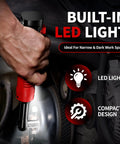 Electric Ratchet Wrench Set with 16.8V Cordless Power shown with built-in LED light illuminating a work area