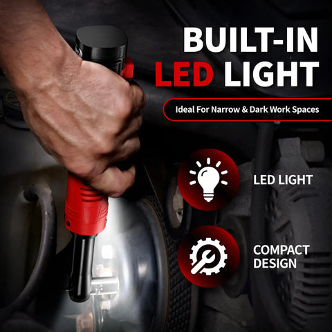 Electric Ratchet Wrench Set with 16.8V Cordless Power shown with built-in LED light illuminating a work area