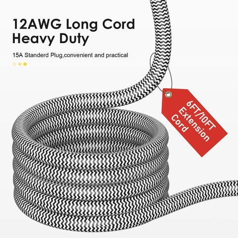 12AWG braided extension cord, 6ft/10ft length, heavy-duty, close-up view for Rugged 20 Amp Metal Power Strip Surge Protector