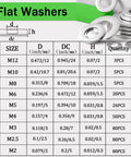 1000 Piece Flat Washers And Lock Washers Assortment Kit In 9 Metric Sizes M2 To M12 Made From 304 Stainless Steel Includes Handy Storage Box For Bolts And Screws DIY Friendly, showing size chart and flat washers sample.