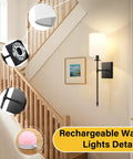 Wireless Rechargeable Set of 2 Battery Operated Wall Sconces With Remote Control For Indoor Home Decor Super Sleek Accent Lighting on stairway.