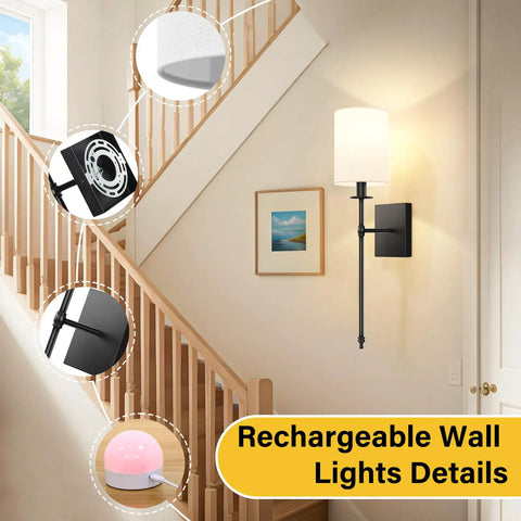 Wireless Rechargeable Set of 2 Battery Operated Wall Sconces With Remote Control For Indoor Home Decor Super Sleek Accent Lighting on stairway.