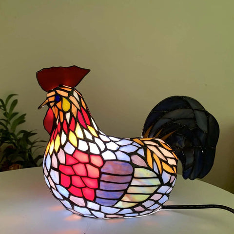 Colorful Rooster Tiffany Style Stained Glass Table Lamp with Night Light for Bedside and Living Room Decor 12 Inch Long E12 Socket LED Bulb Included Warm White Glow