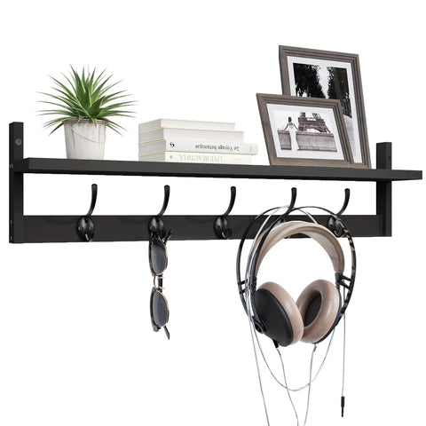 Heavy Duty Wall Mounted Shelf With Five Dual Hooks Straight Up Game Changer Entryway Coat Rack For Small Apartments Bathrooms And Bedrooms In Matte Black