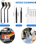 Front view of 3D printer tool kit: nozzle cleaning brushes (3), tweezers (2), and cleaning needles