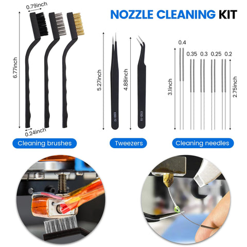 Front view of 3D printer tool kit: nozzle cleaning brushes (3), tweezers (2), and cleaning needles