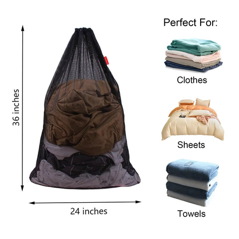 Heavy Duty Mesh Laundry Bags Set 24 x 36 Inches Drawstring Closure Black 2 Pack For Dorms College Travel Apartments Factories