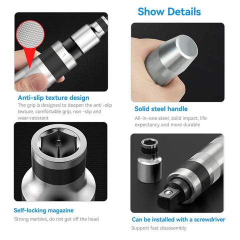 Heavy Duty Impact Driver Bit Set With S2 Alloy Steel Bits And Broken Bolt Extractor showing anti-slip texture and handle details.