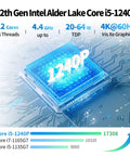 Core I5 1240P Mini Pc Built Tight For Rip Roaring Network Tasks With Dual Ten Gbe Sfp Firewall And Quad Point Two Five Gbe Lan Ports For Slick Home Lab Routing Delivering Badass Speed With Ddr5 32G Ram And 1Tb Ssd showing 12th Gen Intel Alder Lake processor with specifications.
