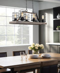 Farmhouse Dope 6 Light Kitchen Island Light With Cage Style Shades Weathered Ash Wood Finish And Bold Black Accents