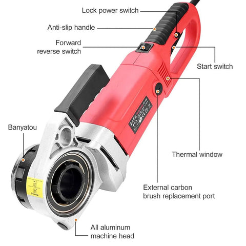 Heavy-Duty Electric Pipe Cutter And Threader Kit 2300W Motor For Water Gas Lines 1/2 To 2 Inch showing features and design.