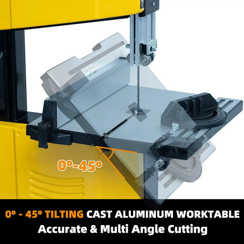 10 Inch Dual Speed Band Saw With Stand showing adjustable 0°-45° tilting aluminum worktable for multi-angle cutting