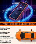 Universal Car TPMS Relearn Tool For Tire Pressure Sensor Activation And Reset, showing activation process on tire with diagram.