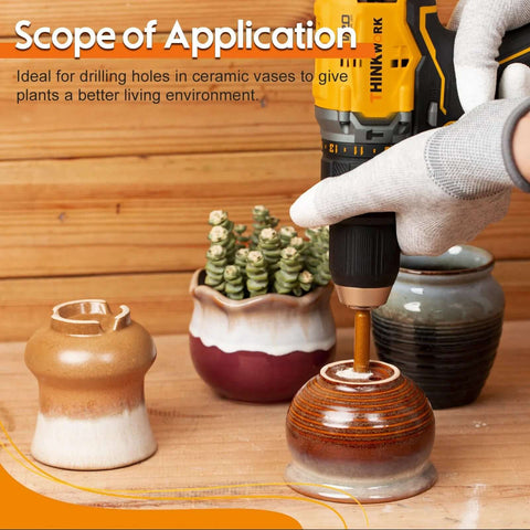 THINKWORK diamond drill bits set, 12 pcs, tile hole saw kit; drilling ceramic vase with cordless drill.
