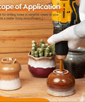 Drill using Diamond Drill Bits Set For Tile And Glass 10-Piece Hollow Hole Saw Kit on ceramic vases with glove