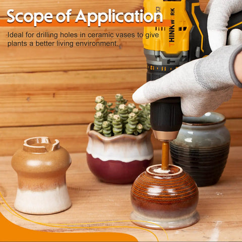 Drill using Diamond Drill Bits Set For Tile And Glass 10-Piece Hollow Hole Saw Kit on ceramic vases with glove