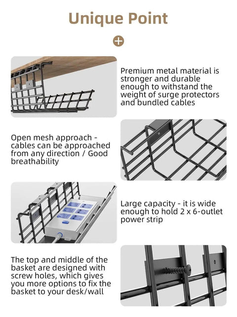 Features of 2 Pack Under Desk Cable Management Trays Large Sturdy Metal Cord Organizer For Office And Home, easy install, wire management