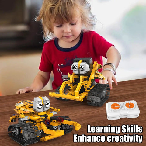 Child playing with 5 In 1 STEM Robot Kit For Kids Ages 8 To 16 With App And Remote Control, 269 Programmable Building Blocks For Boys And Girls