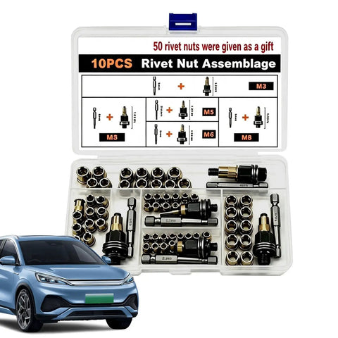 Rivet Nut Tool Kit For Auto And Home Projects, Your Go To Rivet Nut Setter And Threaded Insert Tool, 60 Piece M3 To M8 Assortment In One Box, Quick Install For Thin Sheet Metal, Galvanized Carbon Steel Construction, M3-M8 kit in plastic case