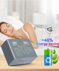 Woman sleeping peacefully with energy-saving capacitor and battery recycling symbol