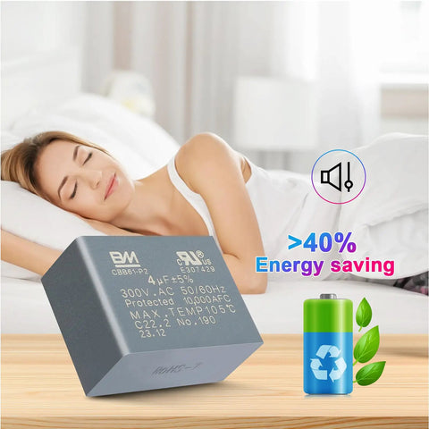 Woman sleeping peacefully with energy-saving capacitor and battery recycling symbol