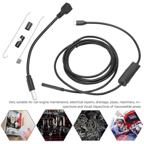 USB Endoscope Camera For Tough Industrial Inspections, 5.5mm lens, IP67 waterproof, with accessories and 1 meter cable.
