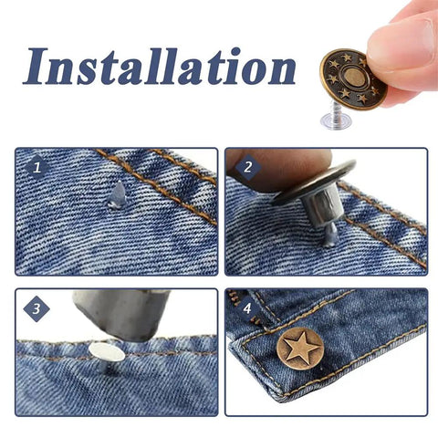 Installation process of 80 Piece Jeans Button Kit With 17mm Metal Snaps In 8 Styles Replacement Set on denim fabric