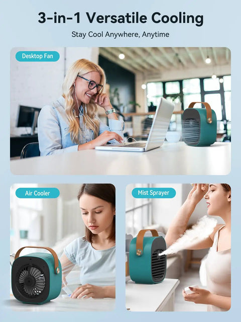 Rechargeable Personal Air Cooler Portable Mini Green Desk Fan With Three Speeds Quiet Cooling To Beat The Heat at a desk