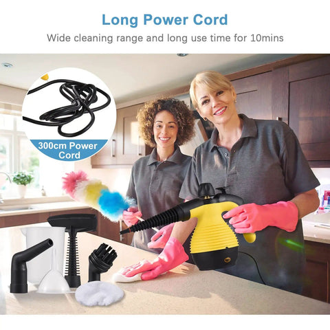 Two women cleaning a kitchen with the Handheld Steam Cleaner Powerhouse With 1050W Heat And Heavy Duty, Pressurized Steam Cleans Like A Pro