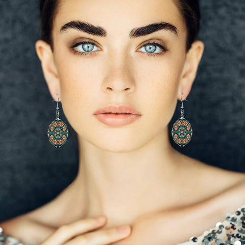 Dark Orange Laser Cut Wood Pendant Earrings For Women With Copper White Gold Plating Lightweight Hypoallergenic Star And Love Shapes.