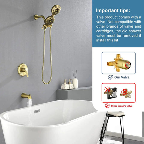 Bathroom showcasing Brushed Gold All In One Dual Shower System With Tub Spout And Trim Kit, 7 modes, 3 way diverter, no fuss install.