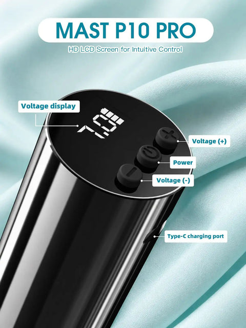 Cordless Tattoo Gun Kit 118g Lightweight Rotary Pen with HD LCD screen showing voltage and buttons for control.